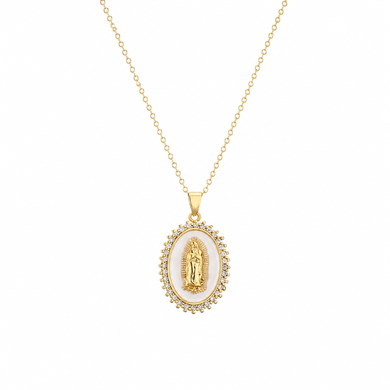 Collar "Virgen de Guadalupe” Blanca con Zirconia