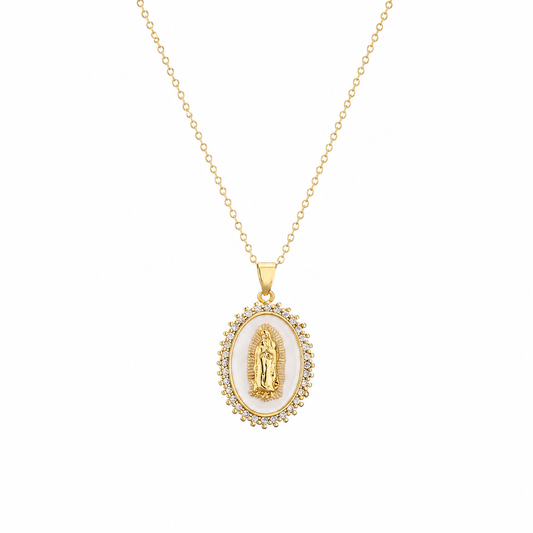 Collar "Virgen de Guadalupe” Blanca con Zirconia
